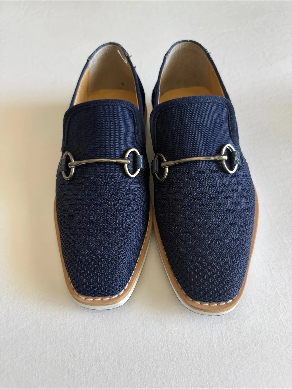 Little Boys Navy Knit Slip-On Loafers with Metal Bit